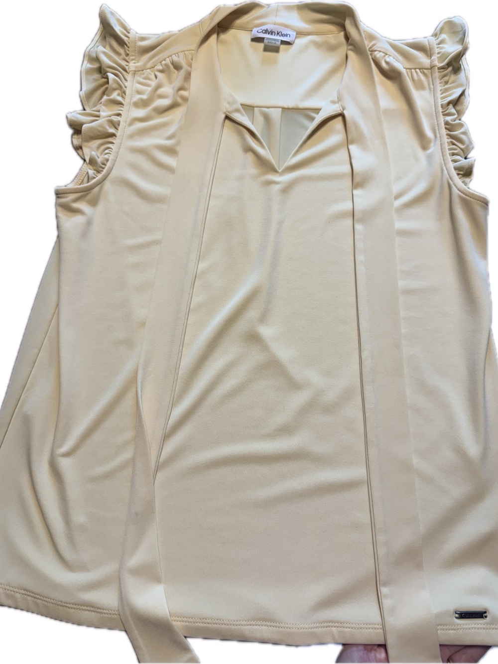 Calvin Klein Butter Yellow V-Neck Tie Blouse